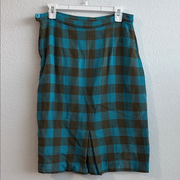 Vintage America Dresses & Skirts - Blue and Brown Checkered Vintage Pencil Skirt